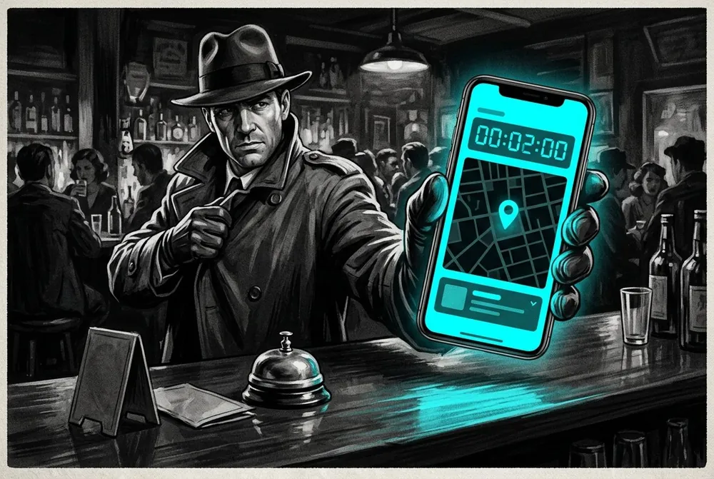 Noir-Illustration: Ein Detektiv zieht an der Bar seinen Mantel an und hält ein Smartphone hoch, das als einziges cyan leuchtet und Rundentimer, Karte und eine Aufgabe zeigt.