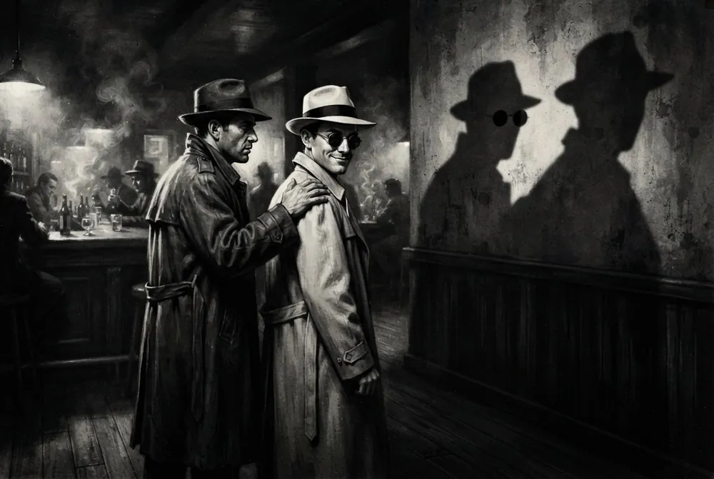 Noir-Illustration: Ein Detektiv packt Mister X in einer Bar an der Schulter, an der Wand trägt der Schatten des Detektivs die Sonnenbrille.